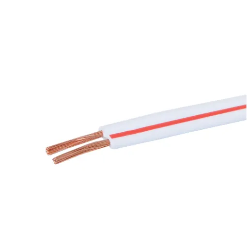Medium duty figure 8 speaker cable for a variety of uses. 2x24/0.20 size. White with red trace. Max current rating: 7.5A. 500m roll size.