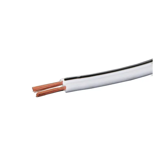 Medium duty figure 8 speaker cable for a variety of uses. 2x24/0.20 size (18AWG). White with black trace. Max current rating: 7.5A. 500m roll size.
