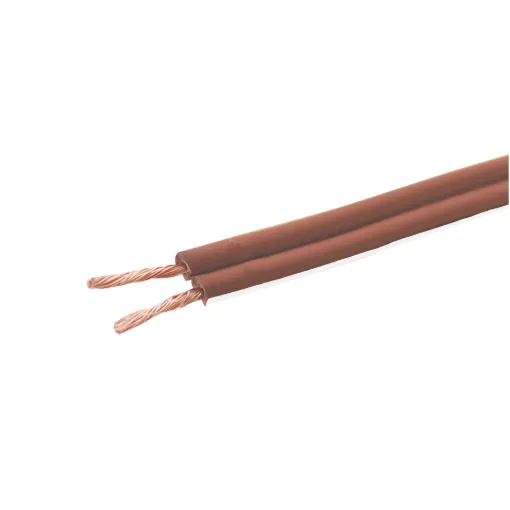 Medium duty figure 8 speaker cable for a variety of uses. 2x24/0.20 size (18AWG). Brown with white trace. Max current rating: 7.5A. 500m roll size.