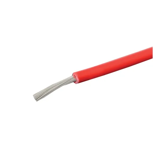 Red, 32 strand, 17AWG, heavy duty, high current, tinned copper wire with a PVC insulator suitable for indoor 240V and heavy duty wiring.