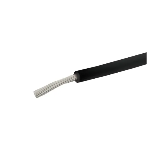 Black, 32 strand, 17AWG, heavy duty, high current, tinned copper wire with a PVC insulator suitable for indoor 240V and heavy duty wiring.