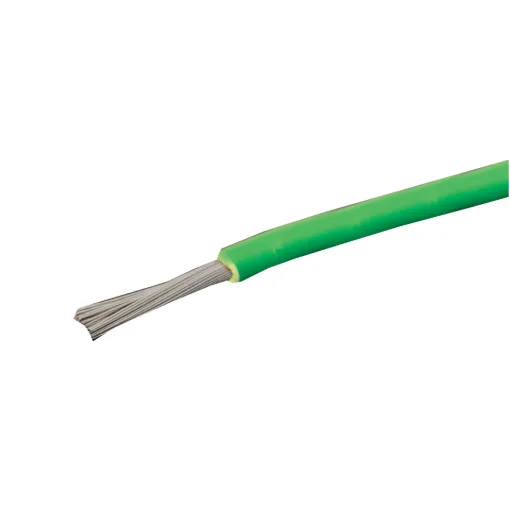 Green, 50 strand, 13AWG, heavy duty, high current, tinned copper wire with a high temperature rated PVC insulator.