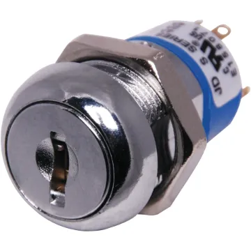 Key removable in left position. Non-spring return (ie. Alternate action).  Panel hole 19mm, length 27.5mm from rear of front shroud, 33.6mm overall depth, 61mm depth with key inserted, including terminals. Overall diameter 22mm.