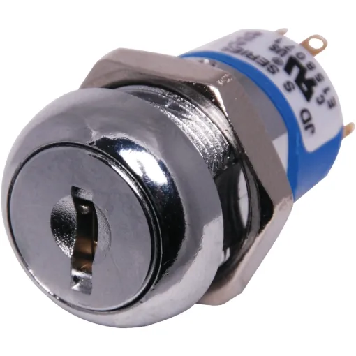Key removable in left position. Non-spring return (ie. Alternate action).  Panel hole 19mm, length 27.5mm from rear of front shroud, 33.6mm overall depth, 61mm depth with key inserted, including terminals. Overall diameter 22mm.