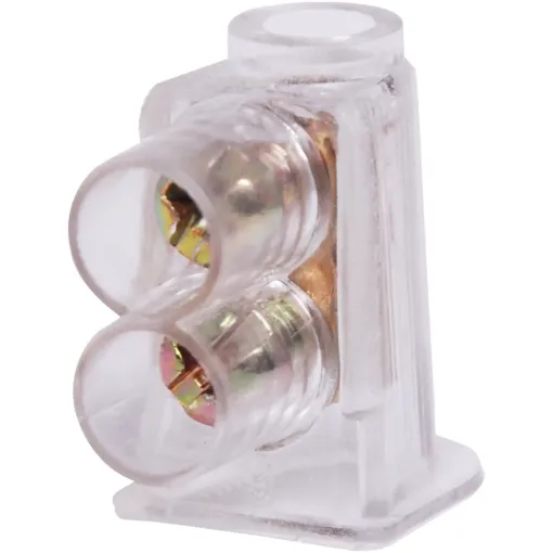 Insulated connector for mains wiring. 40A rating. 6mm hole. Clear moulding.