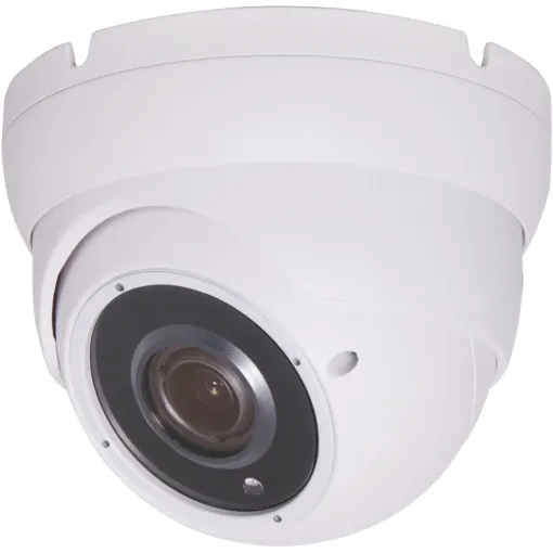Surface mount dome camera housed in vandal resistant aluminium housing with infra red illumination for night time viewing. High resolution 4MP sensor produces clear crisp video signal. Lens has an adjustable focal length (2.8-12mm). Video output is selectable between AHD and 960H via the cable toggle control.