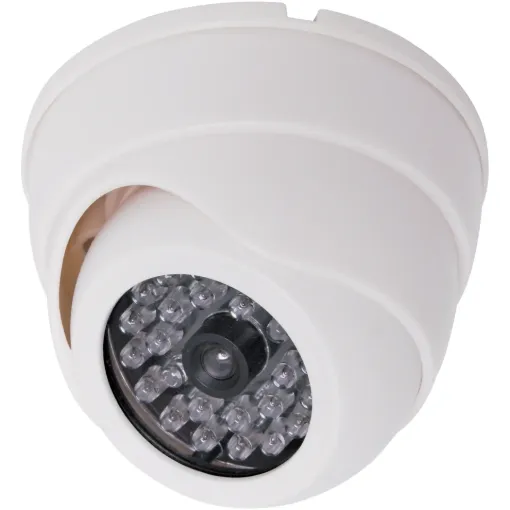 This dummy dome gives the impression that the surrounding area is under CCD surveillance. It looks the same as a fully functional dome camera. The perfect, cheap theft deterrent. Dimensions: 95 x 60mm