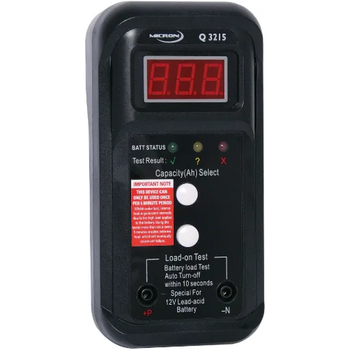 Provides a quick and easy verification of battery condition for 12 Volt sealed lead acid  (SLA), wet cells, gel cell and AGM batteries. Once the croc clip test leads are connected, battery capacity can be selected (between 5Ah and 80Ah) and a 20A test load is applied. In the event that voltage drops off once load is applied, a reading of ‘insufficient charge’ or ‘defective cell’ is returned.
