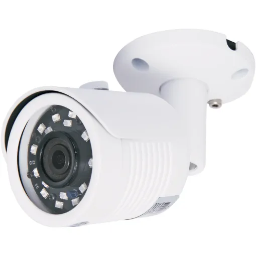 Surface mount bullet camera housed in vandal resistant aluminium housing with infra red illumination for night time viewing. High resolution 4MP sensor produces clear crisp video signal. Lens has an fixed 2.8mm wide focal length. Video output is selectable between AHD and 960H via the cable toggle control.
