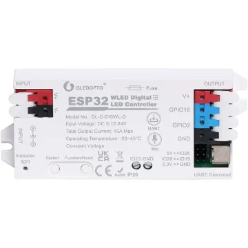 This Wi-Fi ESP32 WLED digital LED controller supports most addressable LED strips and provides the ability to customise LED lighting effects. It utilises an open source WLED control protocol compatible with popular LED strips using WS2811, WS2812B, WS2814A, SK6812, and others.